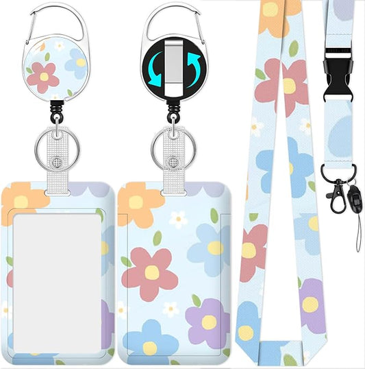 Flower Lanyards for Id Holder, ID Badge Holder with Retractable Lanyard, ID Holder with Badge Reel Clips, Name Tag ID Card Holder Teacher Women Doctor Office Gift