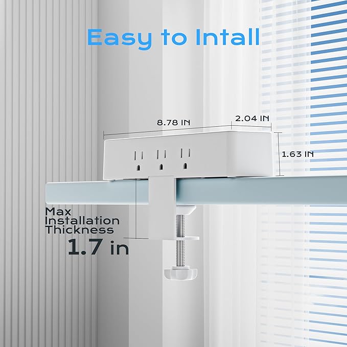 Flat Plug Desk Clamp Power Strip 10FT, 24W Total Charging Station, Desk Edge Mount Power Strip 9 AC Outlets 8 USB Ports Surge Protector, Fit 1.7" Tabletop Edge, Home Office Accessories, White