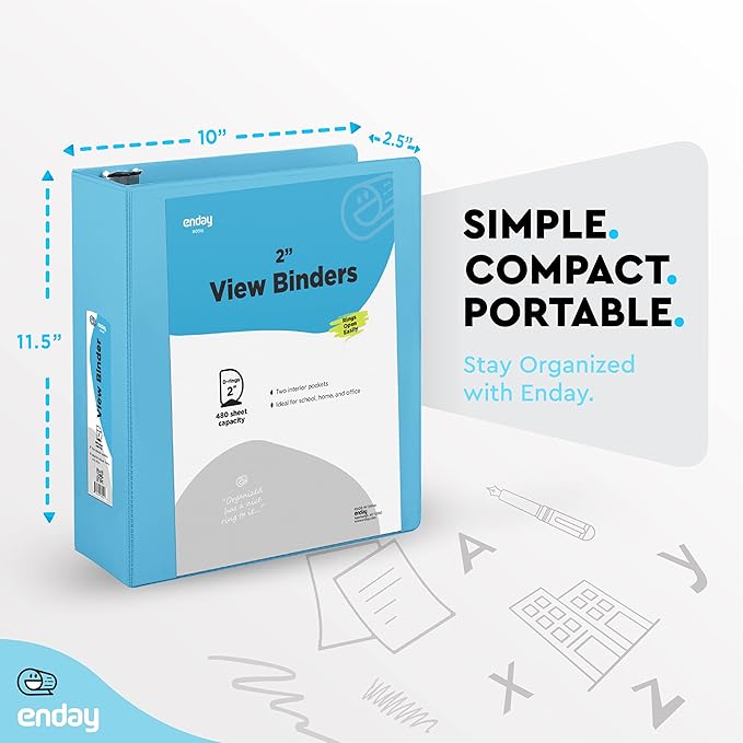 3 Slant D-Ring Binder 2 Inch Binder Blue, 2 in Clear View Cover w/ 2 Inside Pockets, Heavy Duty Colored School Supplies Binders Also Available in Grey, Pink, Red, Green, Purple (6 PC)–by Enday