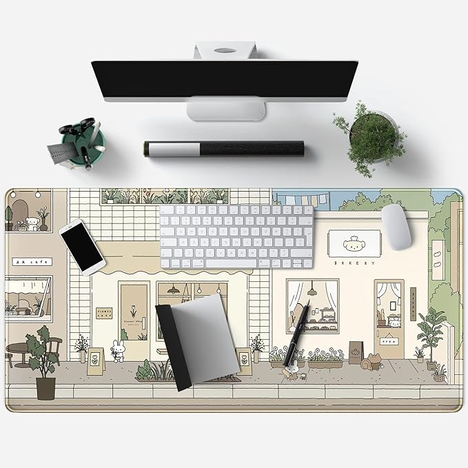 Cute Desk Mat Kawaii Mousepad Bunny and Bear Cute Anime Japanese Street Pastel Beige Brown and Green Mouse Pad, Extra Large Deskmat Cut Laptop Pad