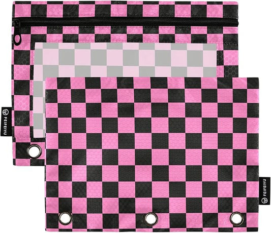 Checkerboard Pink Black Squares Pencil Pouch for 3 Ring Binder, 2 Pack Waterproof Pencil Bags Clear Window Zipper School Office Supplies