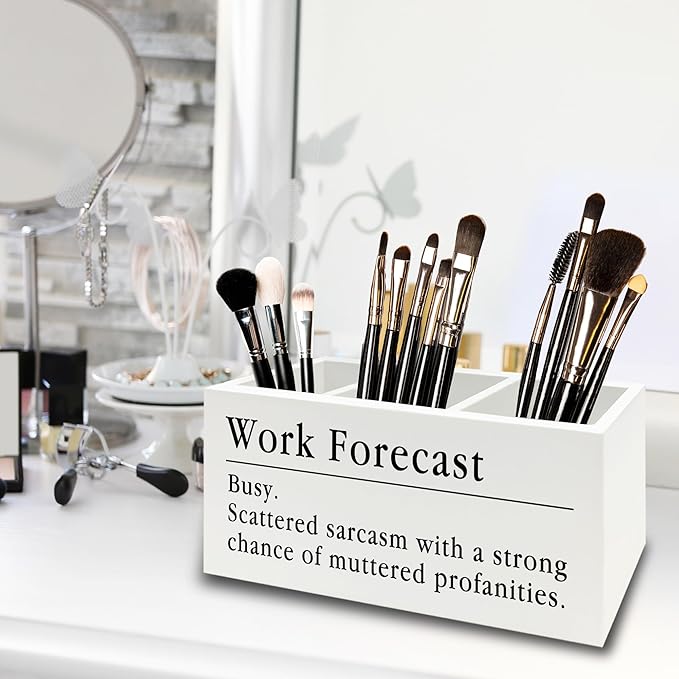 Funny Pen Pencil Holder Organizer for Desk, Funny Coworkers Gifts for Women, Office Humor Gifts, Work Forecast Wooden Box Sign for Home Office Desk Tabletop Decorations