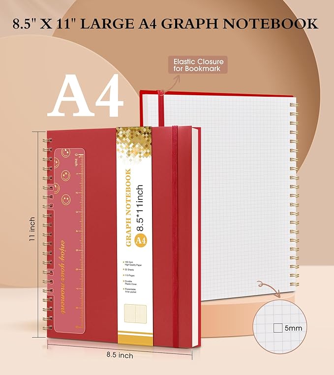 Graph Paper Notebook, Spiral Notebook Journal 8.5” x 11”, A4 Large Grid Notebooks for Women Men, 100 GSM Graph Paper, Plastic Hardcover Spiral Graphing Journals for Work School Engineerin, Red