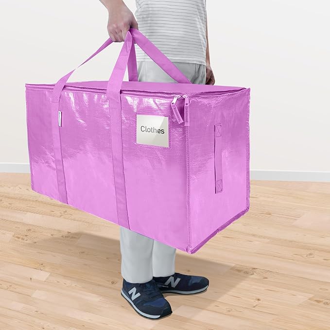 TICONN 2 Pack Extra Large Moving Bags with Zippers & Carrying Handles, Heavy-Duty Storage Tote Moving Boxes for Space Saving (2 Pack, Pink)