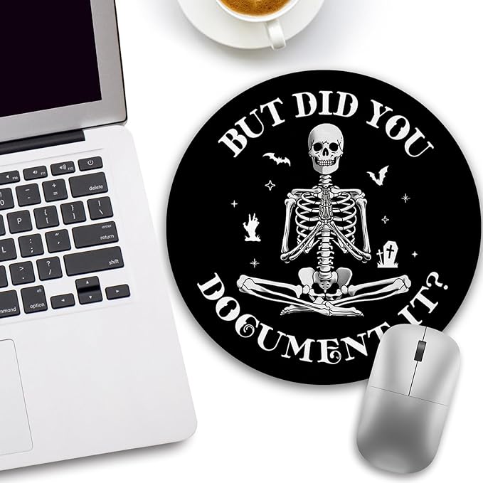 Funny Skull Skeleton Mouse Pad, Small Round Mouse Pads for Desk, Mini Travel Mousepad for Work Wireless Computer Laptop, Office Desk Accessories, But Did You Document It, 8.6 x 8.6 inch