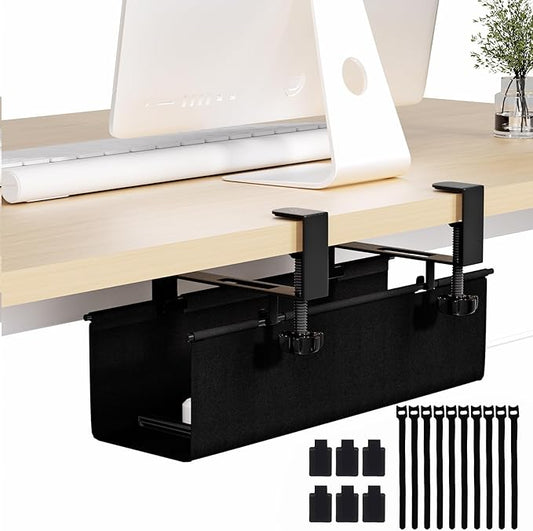 Under Desk Cable Management Tray 15.7" - No Drill Computer Wire Organizer Cable Tray, Cord Hider Clamp Mount with 16X Cable Ties PC Cables Management Cord Holder for Office/Home (Upgrade Fabric,Black)