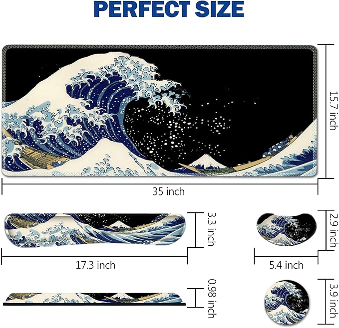 AIMSA Large Gaming Mouse Pad Set, Keyboard Wrist Rest Support Mouse Pad, Ergonomic Memory Foam Multifunctional Extended Desk Mat 35x15.7in Anti-Slip Rubber Base for Office Home, Big Waves