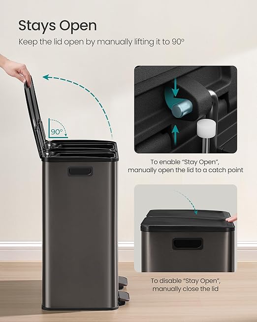 SONGMICS Trash Can, 2 x 8 Gallon (2 x 30 L) Dual-Compartment Garbage Can with Soft-Close Lid, Pedal and Inner Buckets, Stainless Steel, Includes 15 Liner Bags, Slate Gray ULTB741G01