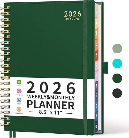 RETTACY 2026 Planner, Weekly and Monthly, Large Size (8.5" x 11"), Jan - Dec 2026, Agenda, Calendar, 12 Month Tabs, Flexible Plastic Cover, 100 GSM Thick Paper, Spiral-bound (Dark Green)