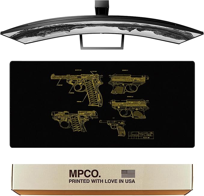 MPCO. Blueprints Large Gaming Desk Pad - 36" x 17" Aeroglyde Fabric Pistol 38 – Black/Yellow Desk Mats - Non-Slip, Washable, Smooth Glide for Precision Gaming & Work