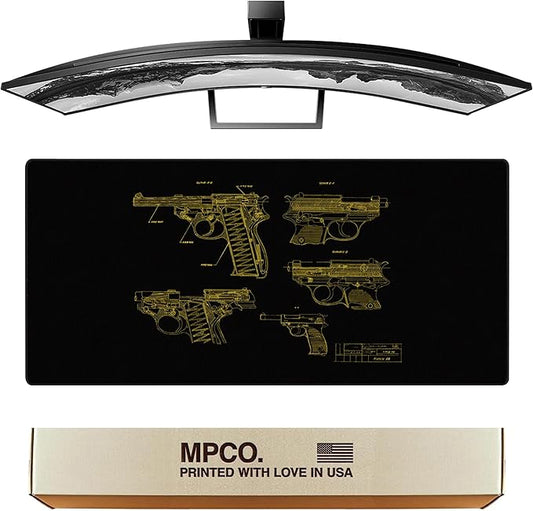MPCO. Blueprints Large Gaming Desk Pad - 36" x 17" Duraglyde Fabric Pistol 38 – Black/Yellow Desk Mats - Non-Slip, Washable, Smooth Glide for Precision Gaming & Work