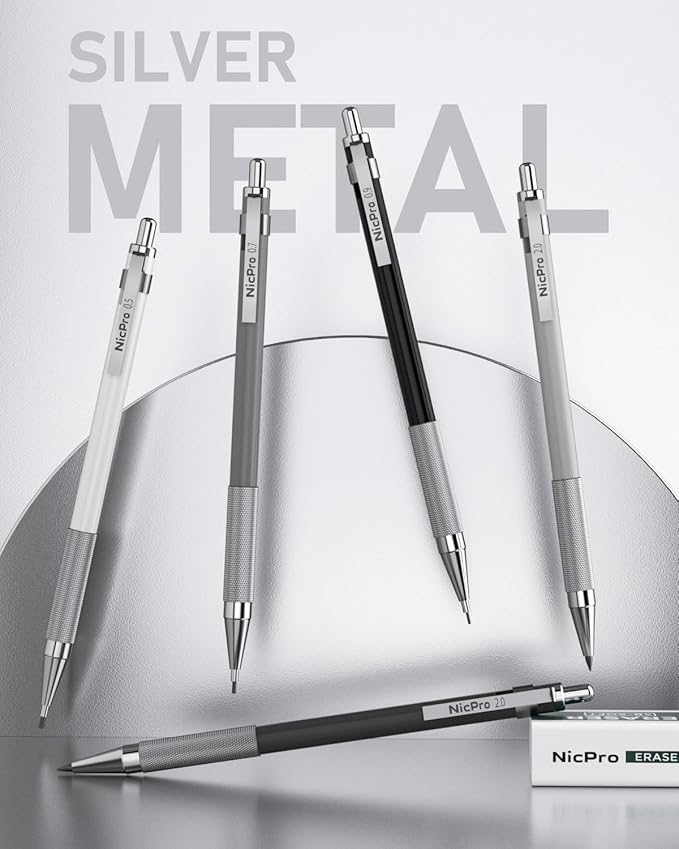 Nicpro 38PCS Art Mechanical Pencils Set in Leather Case, 3 PCS Metal Drafting Pencil 0.5, 0.7, 0.9 mm & 5 PCS 2mm Lead Holder (6B 4B 2B HB 2H 4H Colors) For Sketching Drawing With 20 Tube Lead Refills