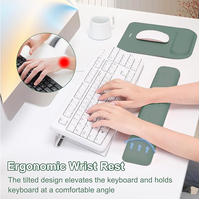MOSISO Computer Keyboard Stand&Wrist Rest Support for Keyboard &Mouse Pad Set, Ergonomic Massage Wrist Rest Set, Easy Typing Working Acrylic Clear Stand for Office Home, Emerald Green