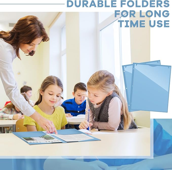 Henoyso 60 Pcs 2 Pocket Plastic Folders with Clear Front Pocket 3 Hole Punched File Folder Letter Size Take Home Documents Holder for Paper Holder Office Business Back to School Supply (Haze Blue)