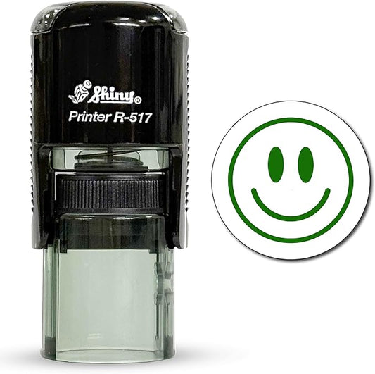 Shiny Smiley Face Teacher Stamp, Round Self Inking Stamp for Classroom, Green Ink