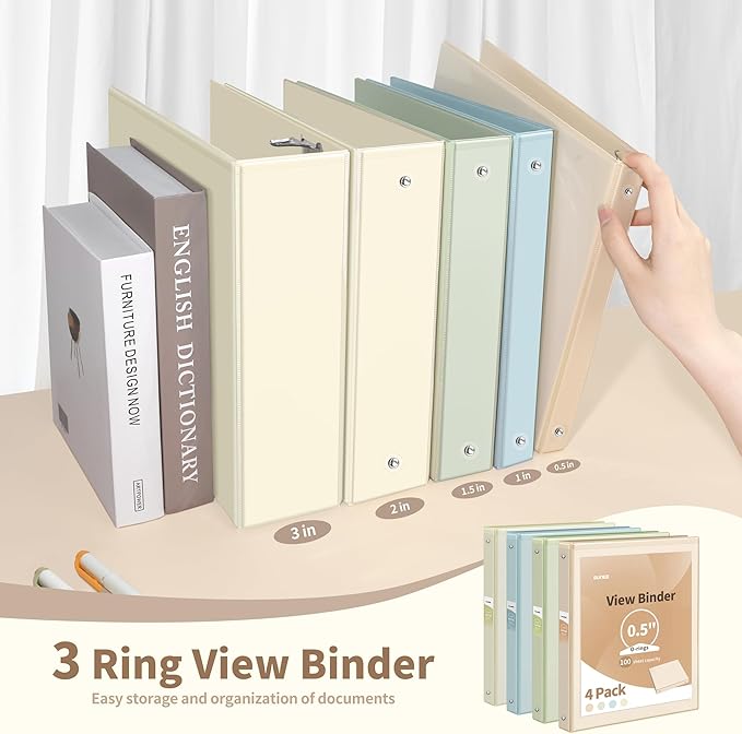 SUNEE 3 Ring Binder 1/2 Inch 4 Pack, Clear Half Inch View Binder Three Ring 0.5" PVC-Free (Fit 8.5x11 Inches) for School or Office Supplies, Neutral Aesthetic