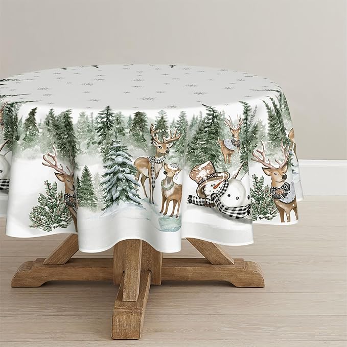 Horaldaily Christmas Tablecloth 90×90 Inch Round, Deers Snowman Trees White Washable Table Cover for Party Picnic Dinner Decor