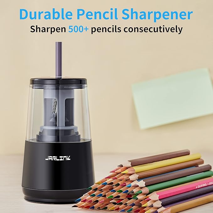 JARLINK Electric Pencil Sharpener, Heavy-Duty Helical Blade to Fast Sharpen, Auto Stop for No.2/Colored Pencils(6-8mm), AC Adapter/Battery Operated in School Classroom/Office/Home (Black)