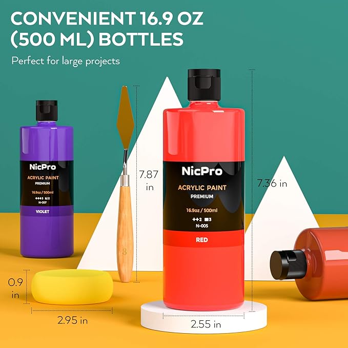 Nicpro 14 Colors Large Bulk Acrylic Paint Set (16.9 oz,500 ml) Rich Art Painting Supplies, Non Toxic for Multi Surface Rock Canvas Wood Ceramic Leather Fabric Craft, for Kids Adult with Color Wheel