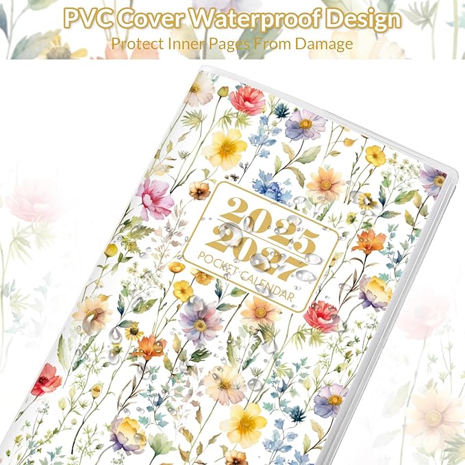 Pocket Calendar 2026-2027, Floral 2026-2027 Monthly Planner - 3.7" x 6.7" - Runs from July 2025 Until December 2027, 2026 Pocket Calendar with PVC Cover for Student, Women, Office Supplies