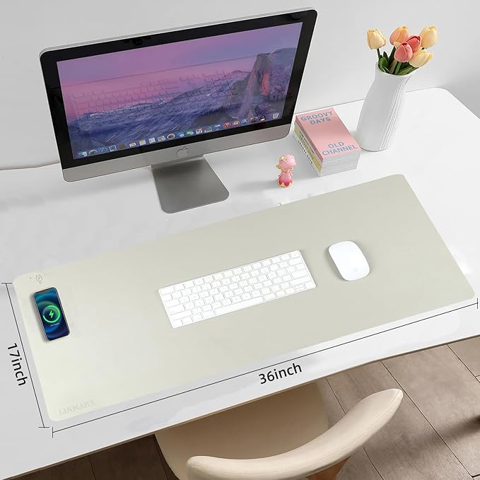 Wireless Charging Mouse Pad with for Desktop Charging Large Desk Mat 36"x17" Waterproof Gray Leather Computer Mat Mousepad Non-Slip Protector on Top of Desks for Keyboard and Mouse(Gray-R)