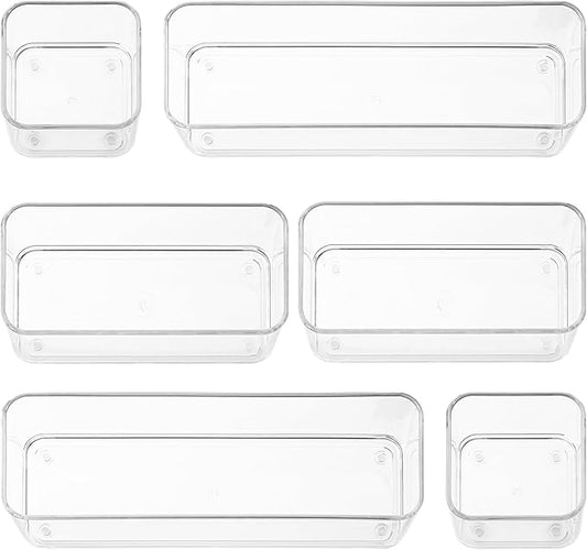 Six Pieces. Plastic Clear Drawer Organizers for Bathroom, Kitchen, Bedroom, Office. Organizer Bins, Storage Trays. Heavy Duty, Stackable, Non-Slip. 3 Sizes