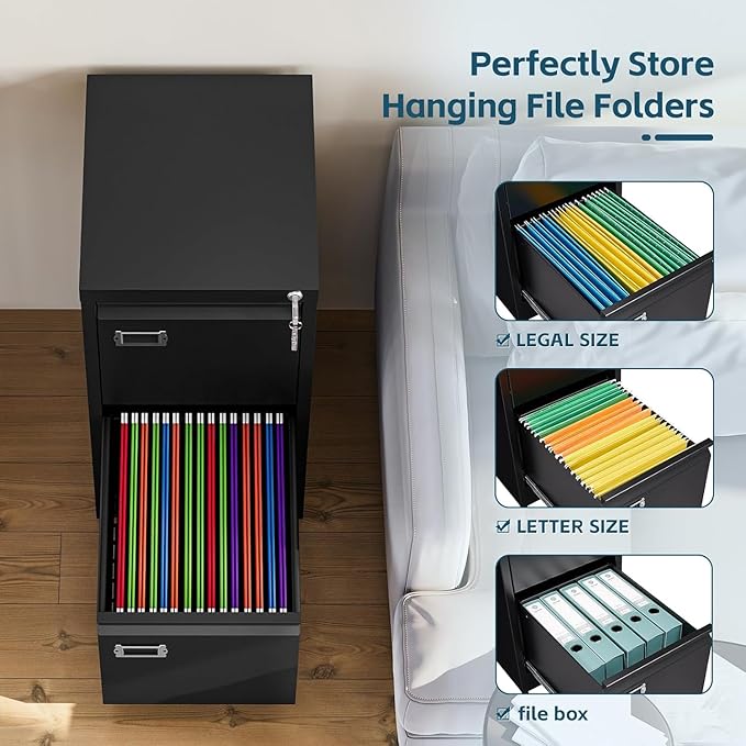 MIIIKO 2 Drawer Filing Cabinet with Lock, Metal Vertical File Cabinets for Home Office, Lockable File Storage Cabinets Under Desk, Letter/A4 File Folders Storage(Assembly Required)