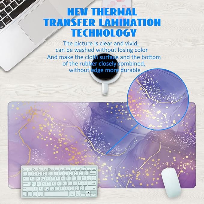 Desk Mat, Purple Rose and Lavender Liquid Marble Extended Gaming Mouse Pad Large, 35.4"x15.7" Big Mouse Pad with Non-Slip Base and Stitched Edge, Long Computer Keyboard Mouse Mat for Home Office Work