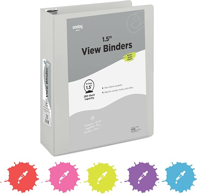 3 Ring Binder 1.5 Inch Grey, 1 ½ inch Binder Clear View Cover with 2 Inside Pockets, Colored School Supplies Office and Home – by Enday