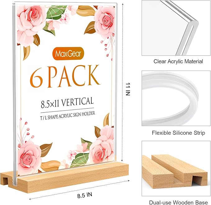 MaxGear L/T Shape Acrylic Sign Holder, 8.5 X 11 Clear Table Display Stand with Wooden Base, Flyer Menu Holder Photo Frames Paper Stand for Office, Wedding, Restaurants, Hotels 6 Pack