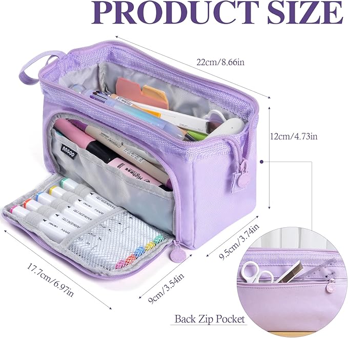 MAMUNU Pencil Case Pouch Large Capacity with Compartments, Pencil Case Pouch Bag with Zipper Handle for Teen Girls Adults Women, Portable Pen Bag Stationery Organizer for Office School Travel, Purple