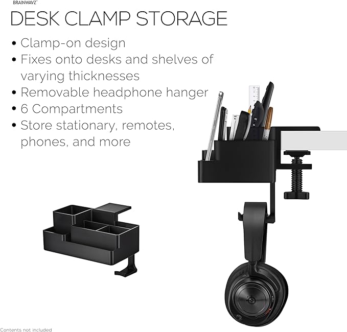 BRAINWAVZ Stationary Pen Holder with Headphone Hanger, Hobby Craft Home Office Organizer for Side of Desk, Shelves - Easy To Install, Adjustable Clamp