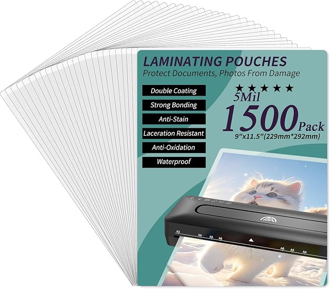 Laminating Sheets - 5Mil Thermal Laminating Pouches, 9"x11.5" Clear Laminate Sheets for Schedules, Menus, Certificates, Art Drawings, Round Corner, 1500 Pack