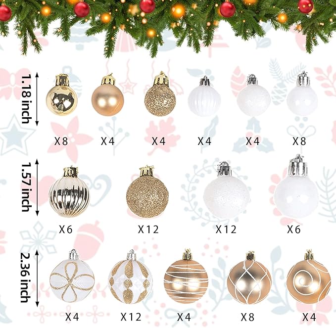 100Pcs Elegant Christmas Balls Set Christmas Tree Ornaments with Glitter and Patterns Bulk Ornaments for Tree as Festive Christmas Decor Xmas Ball Set Champagne White
