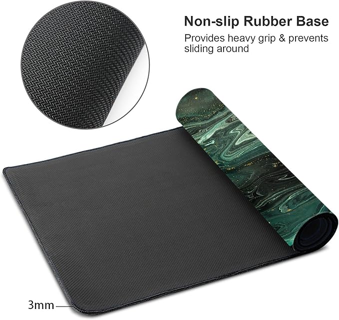 Desk Mat,Green Gold Liquid Marble Extended Gaming Mouse Pad for Office Work & Game,Computer Keyboard Mouse Mat Desk Non-Slip Rubber Base Large Mousepad with Stitched Edges, 31.5x15.7inch