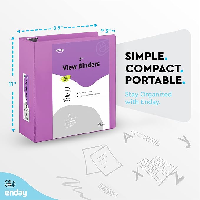 3 Inch Binder 3 Ring Binders Purple, Slant D-Ring 3” Clear View Cover with 2 Inside Pockets, Heavy Duty Colored School Supplies Office and Home Binders – by Enday