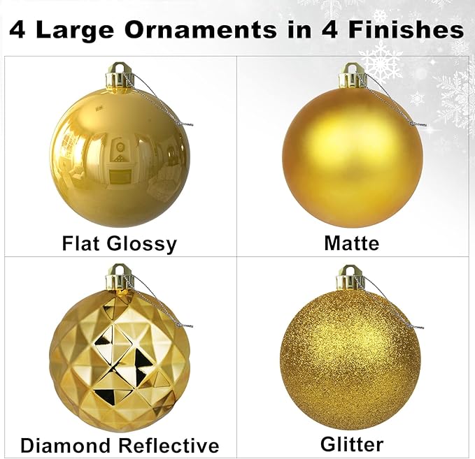 Gold Set of XL (4.0") 4PCS Christmas Balls - Christmas Tree Decoration Ornaments Shatterproof Hanging Balls for New Year Easter Valentine Holiday Decorations