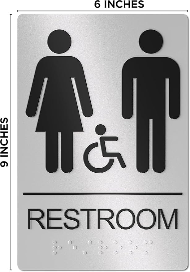 Unisex Bathroom Signs, Restroom Sign For Business - For Men and Women - 9" by 6" - ADA Compliant with Braille - Strong Double-Sided Adhesives Included - Apply to Office, Home, Public Door/Wall
