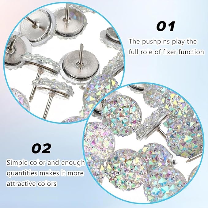 Diamond Pin, 40 Silver Push Pins, Rhinestone Push Thumbtack, Decorative Push Thumbtack for Bulletin Boards and Hardwood Boards, Suitable for Office, Map Display and Other Scenarios