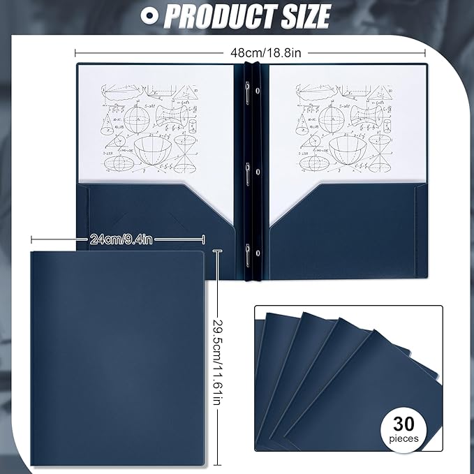 Yeaqee 30 Pcs Plastic Folders with Pockets and Prong Plastic Folders with 2 Pockets Pocket for Office, School for Students, Teachers, Office Workers (Navy Blue)