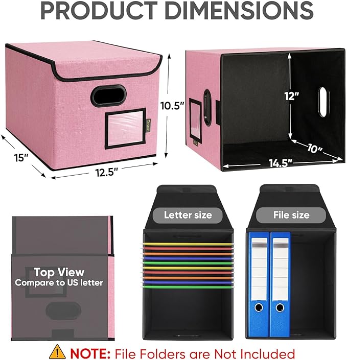 BALEINE File Organizer Box with Lid, Collapsible File Folder Organizer with Plastic Slide, Hanging File Folder Box for Office Document Storage (2 Pack, Pink)