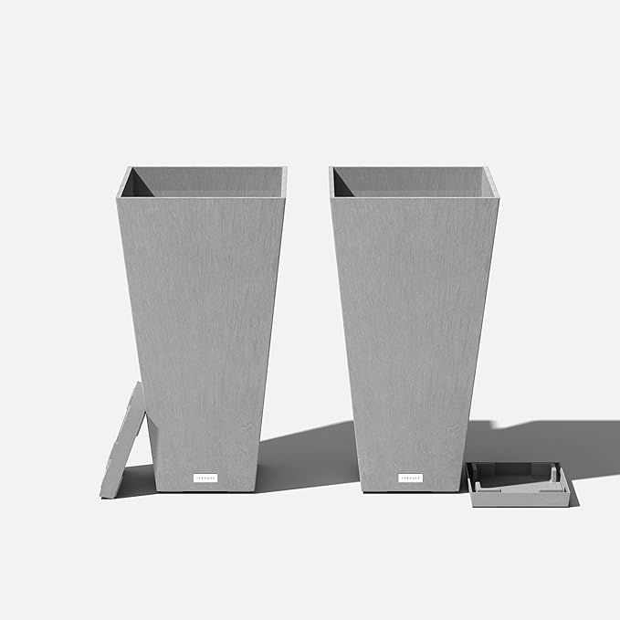 Veradek V-Resin Indoor/Outdoor Taper Planter (Gray, 26 inch - 2 Pack with 2 Saucer Trays)