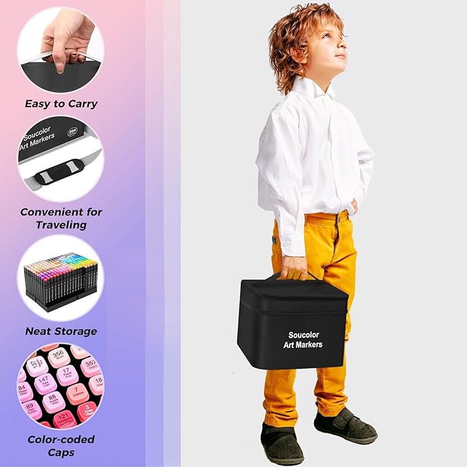 Soucolor Alcohol Markers 120 Colors with Case & Holders, Dual Tips Chisel & Fine Art Markers for Adult Coloring Kids Drawing, Artist Markers Art Supplies for Blending Sketching