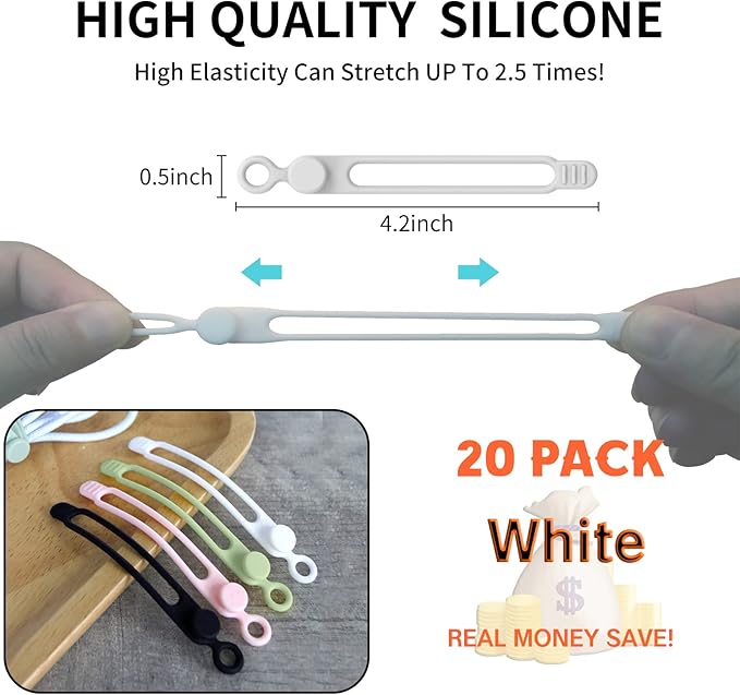 [20Park]UMUST Silicone Cable Ties, Reusable Cable Management Organizer,Cable Straps,Cord Ties,Multipurpose Elastic Cord Organizer for Bundling and Fastening Cable Cords Wires(white)