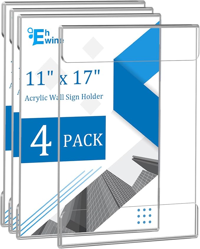 EHWINE 4 Pack 11x17 Wall Mount Acrylic Sign Holder, Wall Signs Photo Menu Flyer Display Holders, Plastic Clear Acrylic Frames for Office Home Hotel Business Store (with Adhesive Tape)