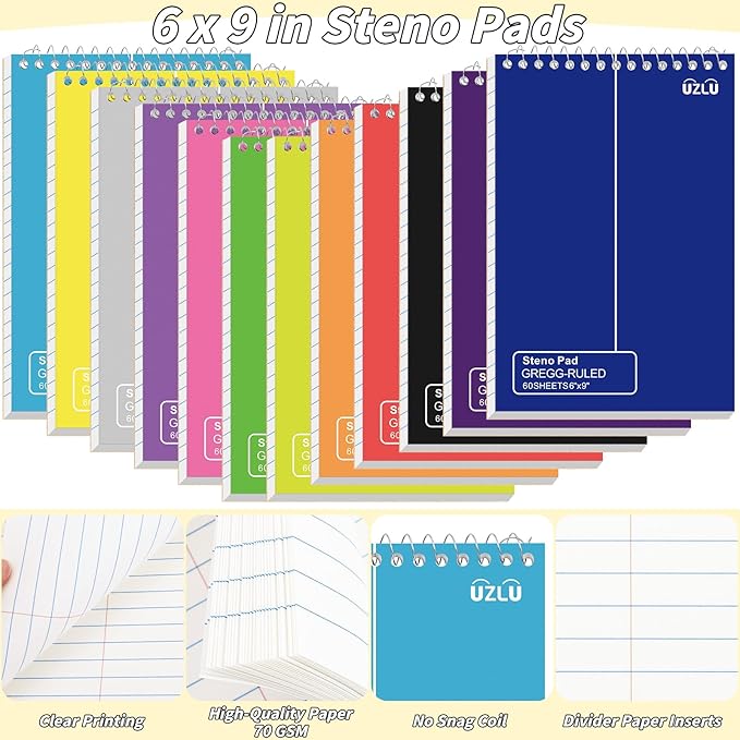 24 Pack Steno Pads 6 x 9 in Spiral Top Notebook Bulk 12 Assorted Color Note Pad 60 Sheets Gregg Rule Writing Paper Steno Notebooks for Students Teachers Men Women Professionals Office School Recording