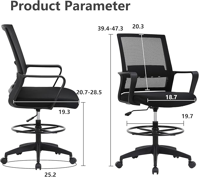 PayLessHere Drafting Chair Computer Standing Desk Chair Tall Office Chair with Lumbar Support Adjustable Foot Ring for Mesh Ergonomic Mid-Back Desk Chair (Black)
