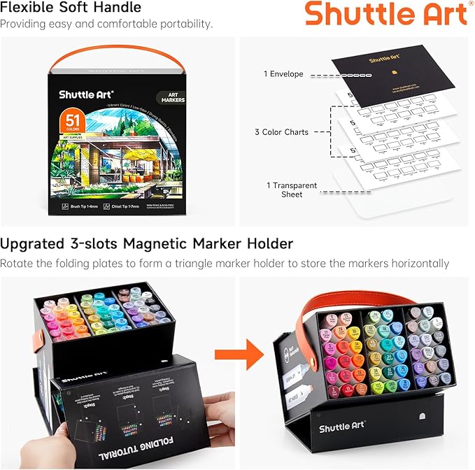 Shuttle Art Alcohol Markers Brush tip, Dual Tip Brush & Chisel Tip Art Marker Set, 50 Colors plus 1 Blender Permanent Marker Pens with Case Perfect for Illustration Students Adults Coloring