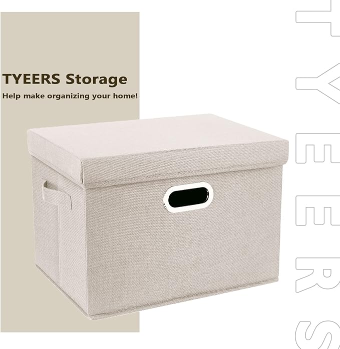 TYEERS Collapsible Storage Bins With Lids, Large Fabric Storage Boxes - 2 Pack - Beige