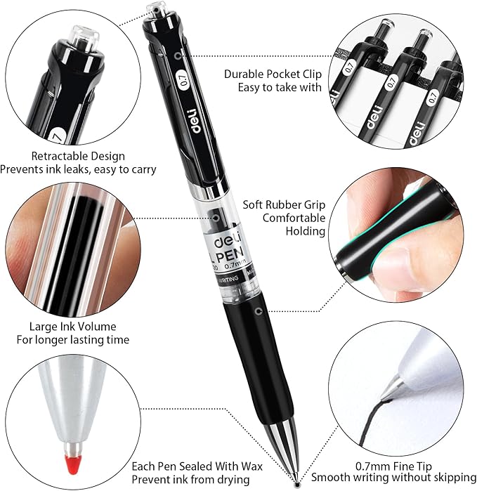 deli Gel Pens, 50 Pcs Retractable Pens Black Ink, Medium Point Pen 0.7mm, Smooth Writing, Fast Dry, No Bleed for Journaling Note Taking, Home School Office Supplies